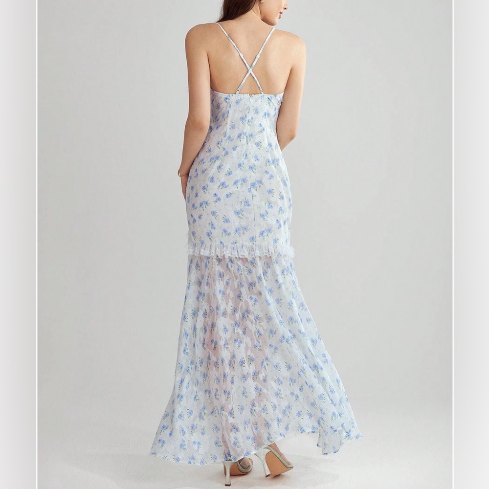 LAST ONE 🔥 Floral Chiffon Ruffle High-Low Maxi Dress Blue - Picture 5 of 11